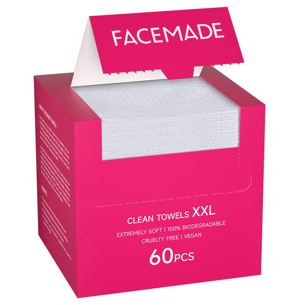 FACEMADE Clean Towels 60 Ct - Size 11.5" x 11.1", Disposable Face Towelette, Makeup Remover Wipes, Facial Washcloth, Multi-Purpose Cotton Tissues for Personal Care